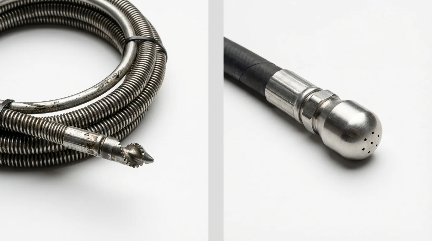 Drain snake cable and hydro jetting nozzle used for drain cleaning in Castle Rock, WA