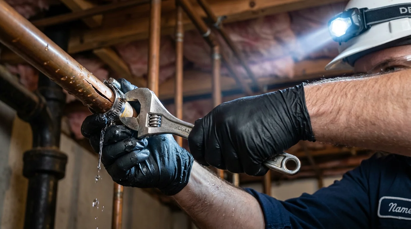 Emergency pipe clamp repair being performed by a Johns Plumbing LLC plumber in Castle Rock