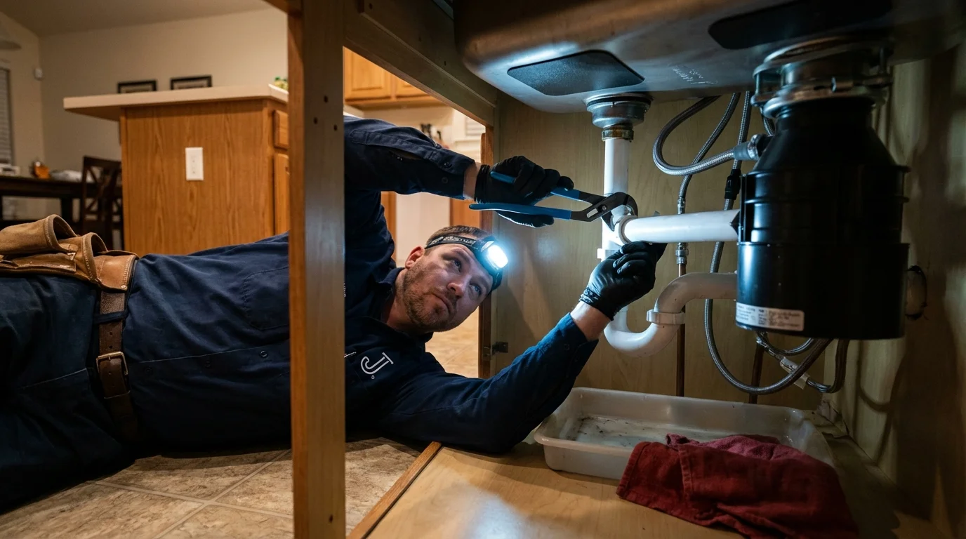 P-trap and supply line connections under a kitchen sink showing a common leak point in Castle Rock, WA